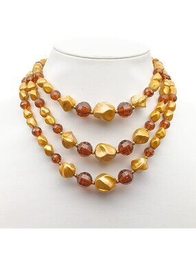 Vintage Triple-Strand Bronze & Golden Beaded Choker Necklace with Baroque-Style